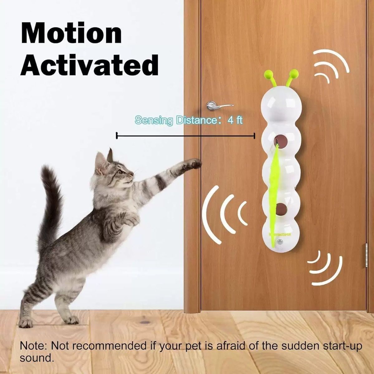 Interactive Cat Toy Caterpillar with Motion Sensor, Self-Play Feather Chaser with Suction Cup, Wall-Mounted or Floor-Use, Simulated Prey Movement for Feline Hunting Instincts (White)
