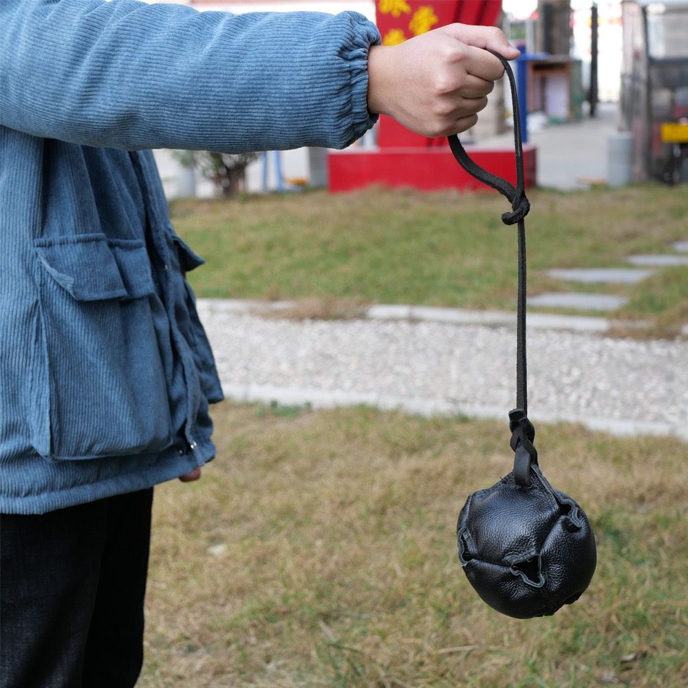 Interactive Leather Chew Ball for Dogs with Durable Rope Handle – Ideal for Puppy Training, Dental Chewing, Outdoor Fetch, and Bonding Play for Small to Medium Breeds (Black)