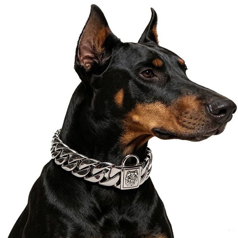 Premium Stainless Steel Cuban Link Dog Collar with Dog Head Buckle – Stylish, Durable, and Comfortable for Large Breeds, Perfect for Daily Walks and Fashion-Forward Pet Accessories (Silver, 32mm*30cm（12in）)