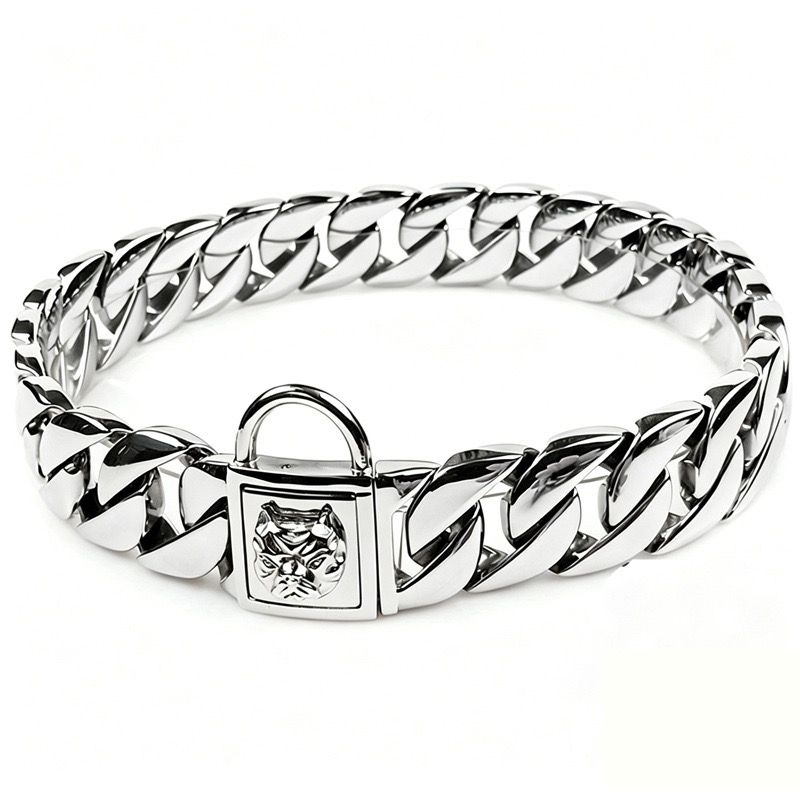 Premium Stainless Steel Cuban Link Dog Collar with Dog Head Buckle – Stylish, Durable, and Comfortable for Large Breeds, Perfect for Daily Walks and Fashion-Forward Pet Accessories (Silver, 32mm*30cm（12in）)