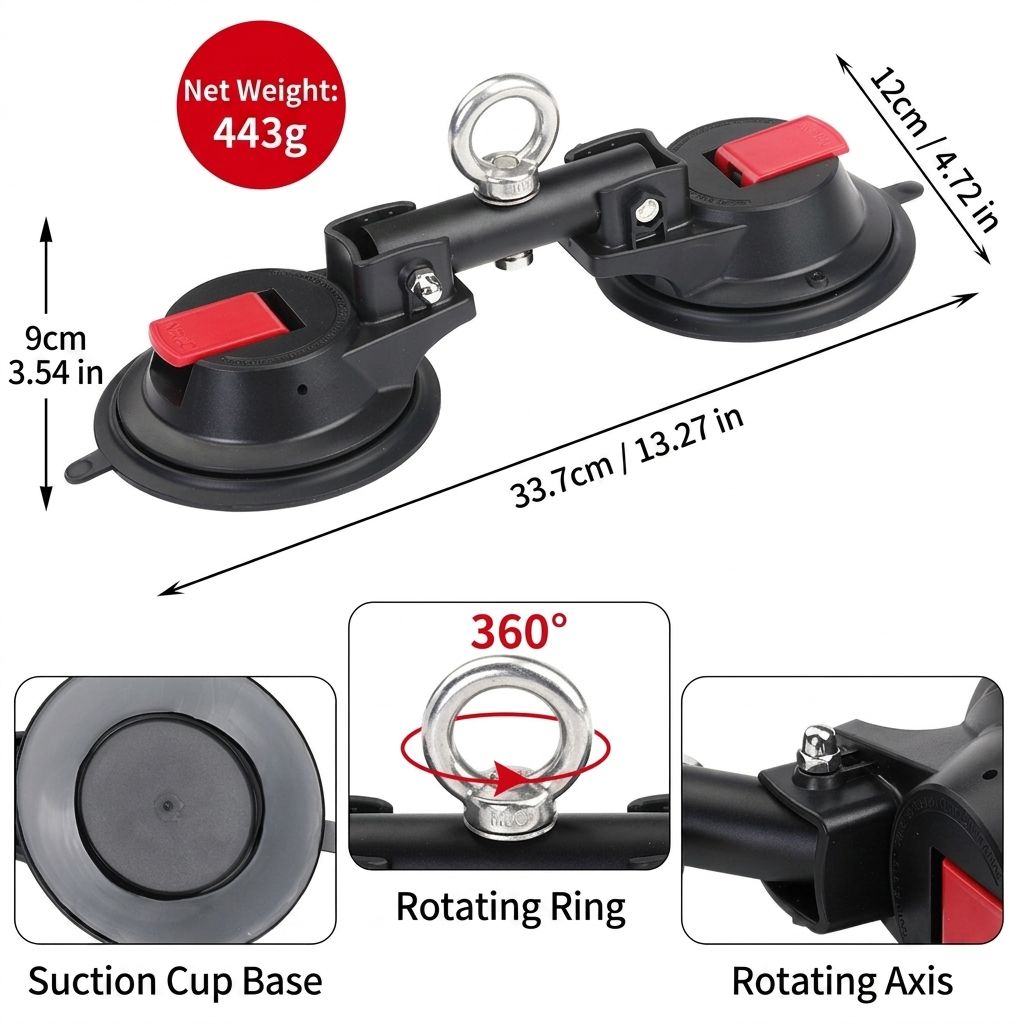 Heavy-Duty Suction Cup Anchor for Large Dogs – 360° Rotating Metal Ring, Dual 120mm Strong Suction Cups for Bathing, Grooming & Tug Toy Fixation on Smooth Surfaces, Reusable & Waterproof (Dual Suction-Cup)