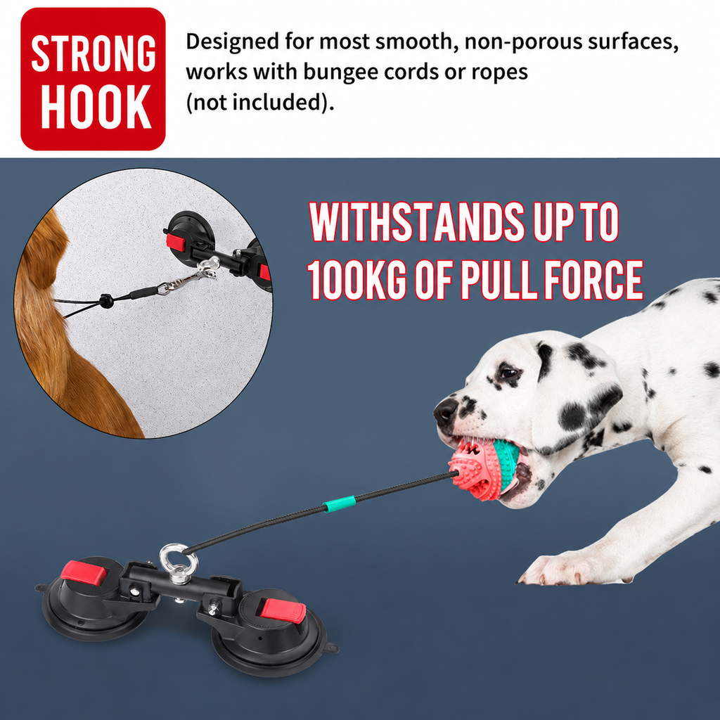 Heavy-Duty Suction Cup Anchor for Large Dogs – 360° Rotating Metal Ring, Dual 120mm Strong Suction Cups for Bathing, Grooming & Tug Toy Fixation on Smooth Surfaces, Reusable & Waterproof (Dual Suction-Cup)