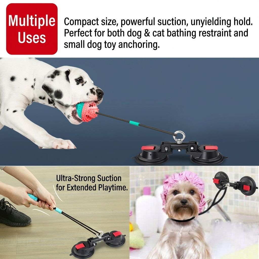 Heavy-Duty Suction Cup Anchor for Large Dogs – 360° Rotating Metal Ring, Dual 120mm Strong Suction Cups for Bathing, Grooming & Tug Toy Fixation on Smooth Surfaces, Reusable & Waterproof (Dual Suction-Cup)