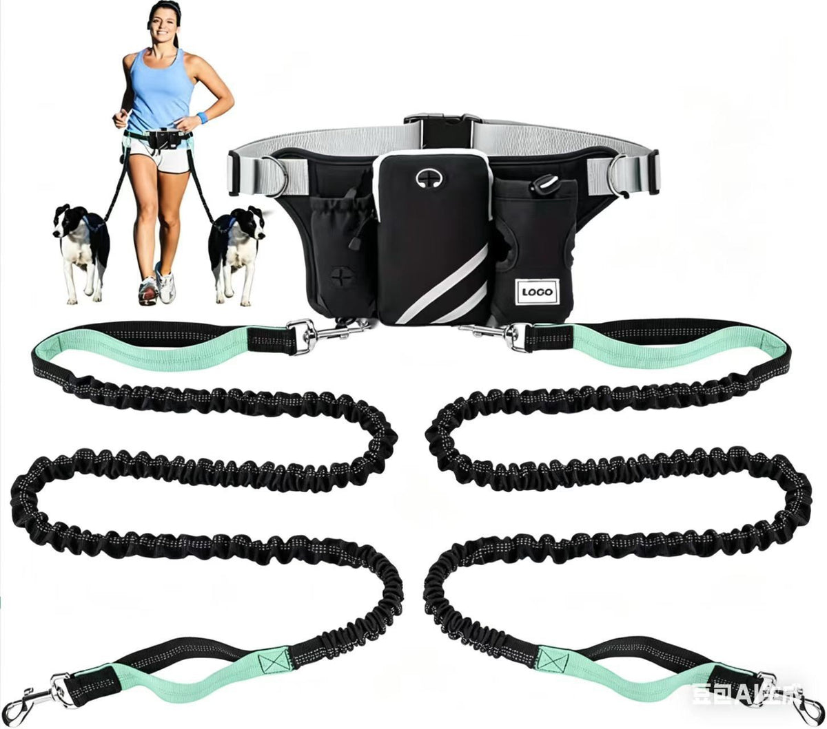 Hands-Free Dual Dog Leash Waist Pack for Running, Walking, and Hiking – Adjustable Oxford Belt with Reflective Strips, Shock-Absorbing Bungee Leashes, 360° Swivel Hooks, and Multi-Pocket Storage for Phone, Water Bottle, and Waste Bags – Perfect for Two Do