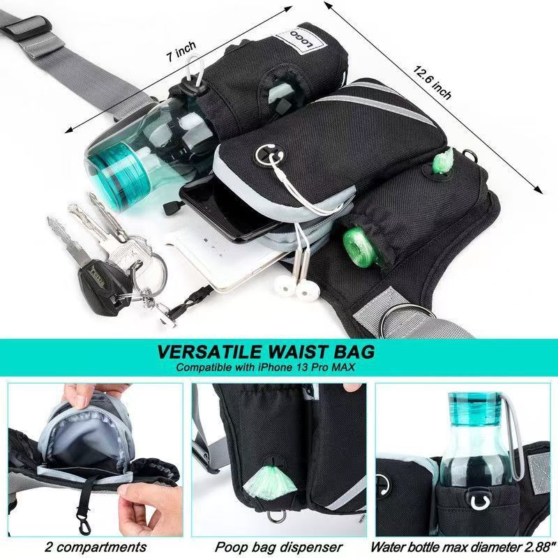 Hands-Free Dual Dog Leash Waist Pack for Running, Walking, and Hiking – Adjustable Oxford Belt with Reflective Strips, Shock-Absorbing Bungee Leashes, 360° Swivel Hooks, and Multi-Pocket Storage for Phone, Water Bottle, and Waste Bags – Perfect for Two Do