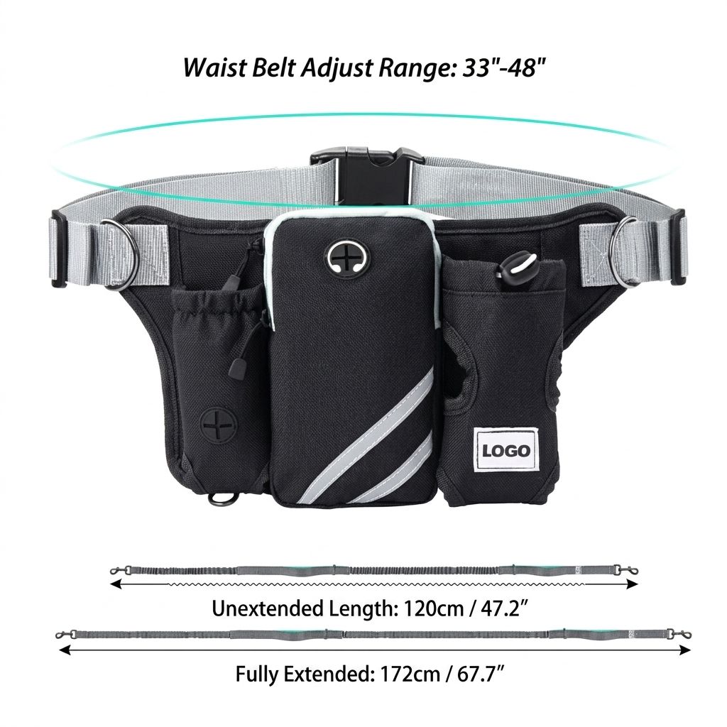 Hands-Free Dual Dog Leash Waist Pack for Running, Walking, and Hiking – Adjustable Oxford Belt with Reflective Strips, Shock-Absorbing Bungee Leashes, 360° Swivel Hooks, and Multi-Pocket Storage for Phone, Water Bottle, and Waste Bags – Perfect for Two Do