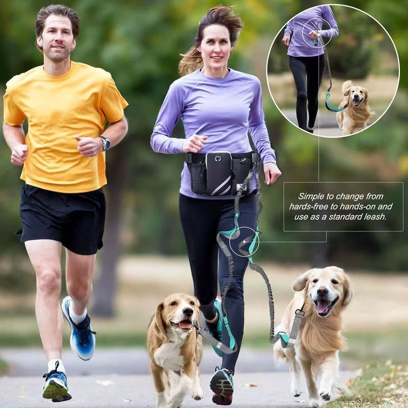 Hands-Free Dual Dog Leash Waist Pack for Running, Walking, and Hiking – Adjustable Oxford Belt with Reflective Strips, Shock-Absorbing Bungee Leashes, 360° Swivel Hooks, and Multi-Pocket Storage for Phone, Water Bottle, and Waste Bags – Perfect for Two Do