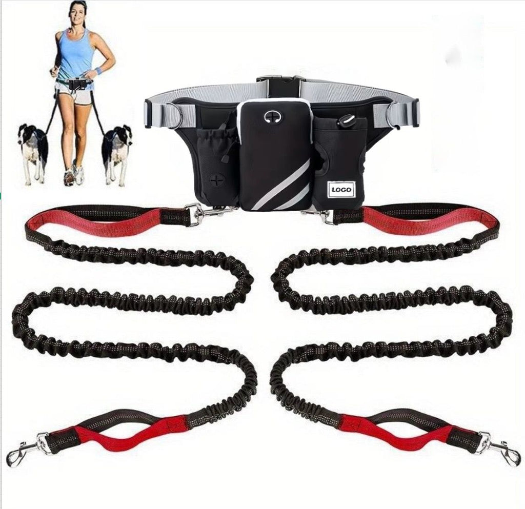 Hands-Free Dual Dog Leash Waist Pack for Running, Walking, and Hiking – Adjustable Oxford Belt with Reflective Strips, Shock-Absorbing Bungee Leashes, 360° Swivel Hooks, and Multi-Pocket Storage for Phone, Water Bottle, and Waste Bags – Perfect for Two Do