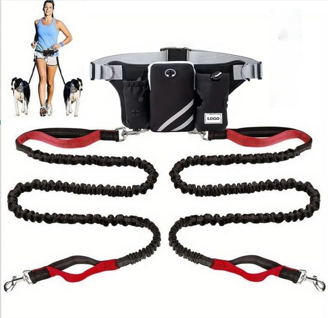 Hands-Free Dual Dog Leash Waist Pack for Running, Walking, and Hiking – Adjustable Oxford Belt with Reflective Strips, Shock-Absorbing Bungee Leashes, 360° Swivel Hooks, and Multi-Pocket Storage for Phone, Water Bottle, and Waste Bags – Perfect for Two Do
