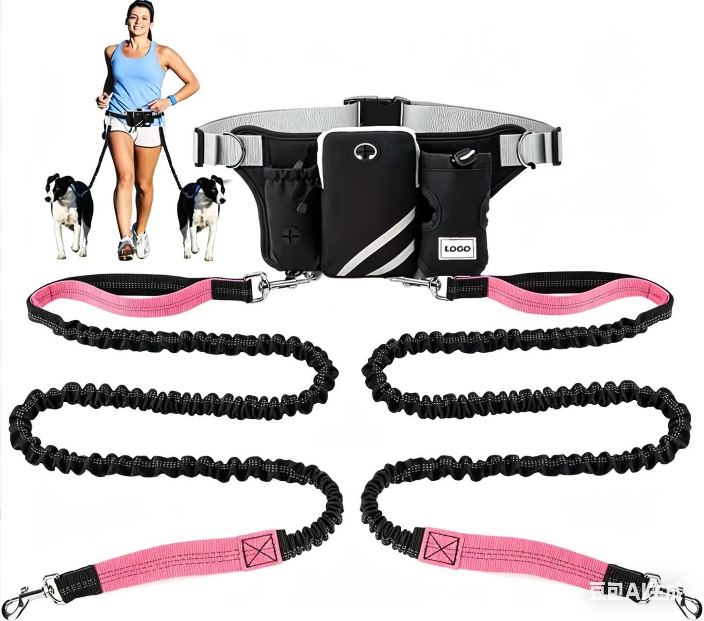 Hands-Free Dual Dog Leash Waist Pack for Running, Walking, and Hiking – Adjustable Oxford Belt with Reflective Strips, Shock-Absorbing Bungee Leashes, 360° Swivel Hooks, and Multi-Pocket Storage for Phone, Water Bottle, and Waste Bags – Perfect for Two Do