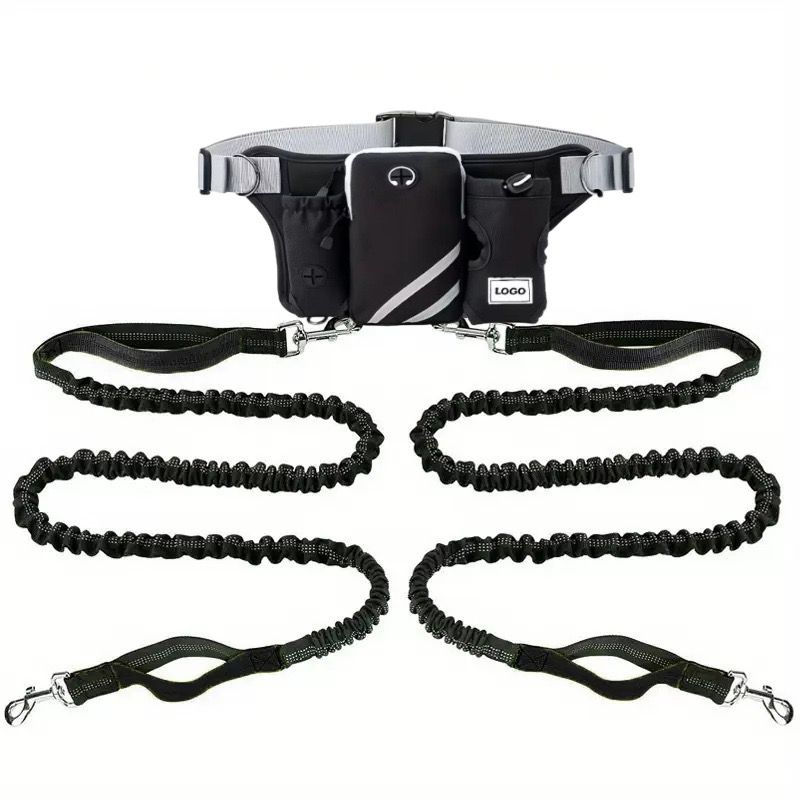Hands-Free Dual Dog Leash Waist Pack for Running, Walking, and Hiking – Adjustable Oxford Belt with Reflective Strips, Shock-Absorbing Bungee Leashes, 360° Swivel Hooks, and Multi-Pocket Storage for Phone, Water Bottle, and Waste Bags – Perfect for Two Do