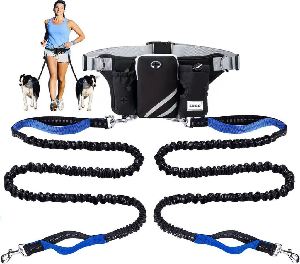 Hands-Free Dual Dog Leash Waist Pack for Running, Walking, and Hiking – Adjustable Oxford Belt with Reflective Strips, Shock-Absorbing Bungee Leashes, 360° Swivel Hooks, and Multi-Pocket Storage for Phone, Water Bottle, and Waste Bags – Perfect for Two Do