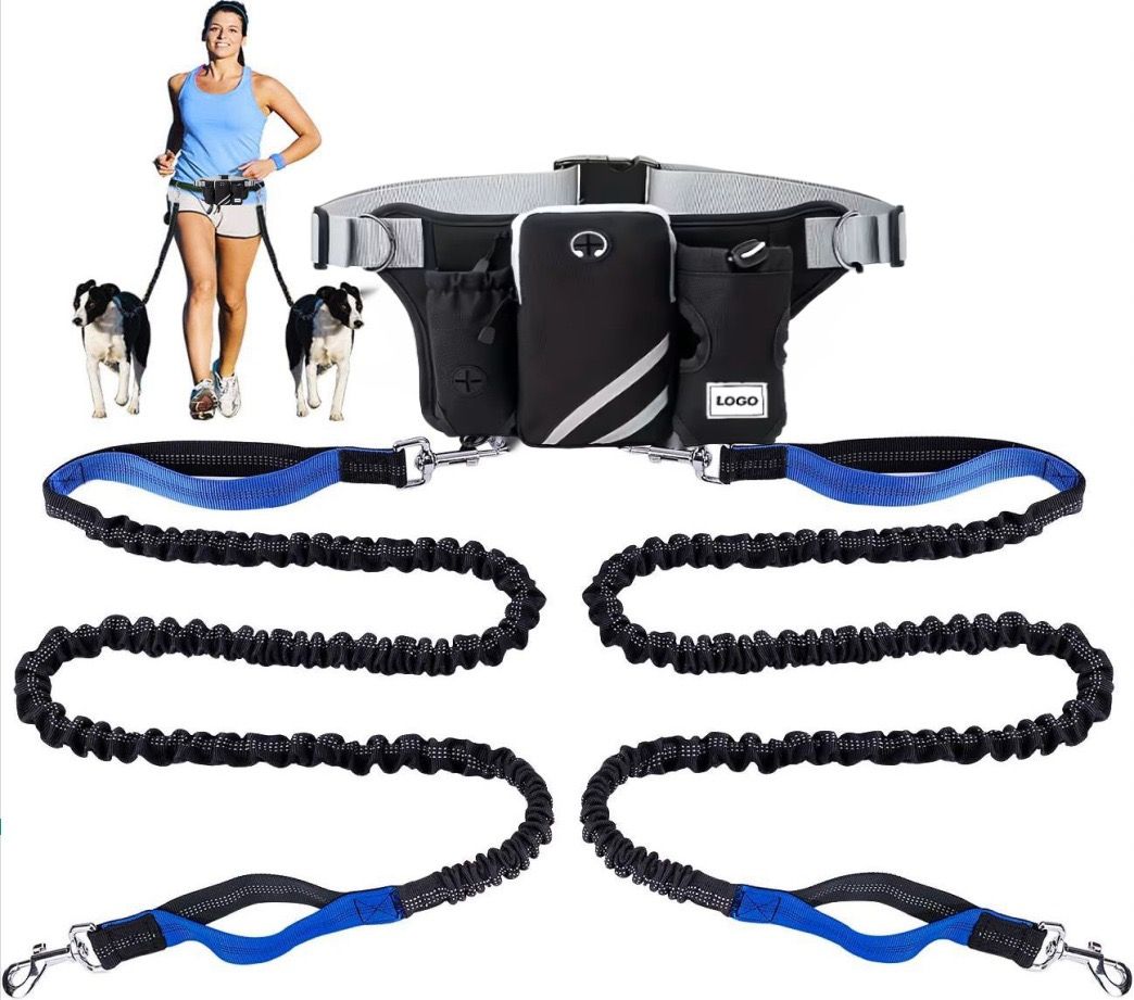 Hands-Free Dual Dog Leash Waist Pack for Running, Walking, and Hiking – Adjustable Oxford Belt with Reflective Strips, Shock-Absorbing Bungee Leashes, 360° Swivel Hooks, and Multi-Pocket Storage for Phone, Water Bottle, and Waste Bags – Perfect for Two Do