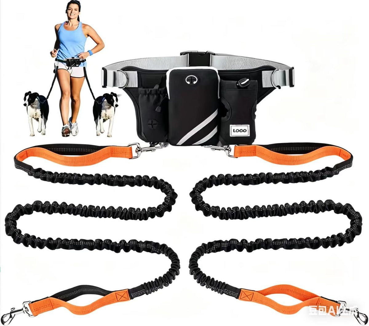 Hands-Free Dual Dog Leash Waist Pack for Running, Walking, and Hiking – Adjustable Oxford Belt with Reflective Strips, Shock-Absorbing Bungee Leashes, 360° Swivel Hooks, and Multi-Pocket Storage for Phone, Water Bottle, and Waste Bags – Perfect for Two Do