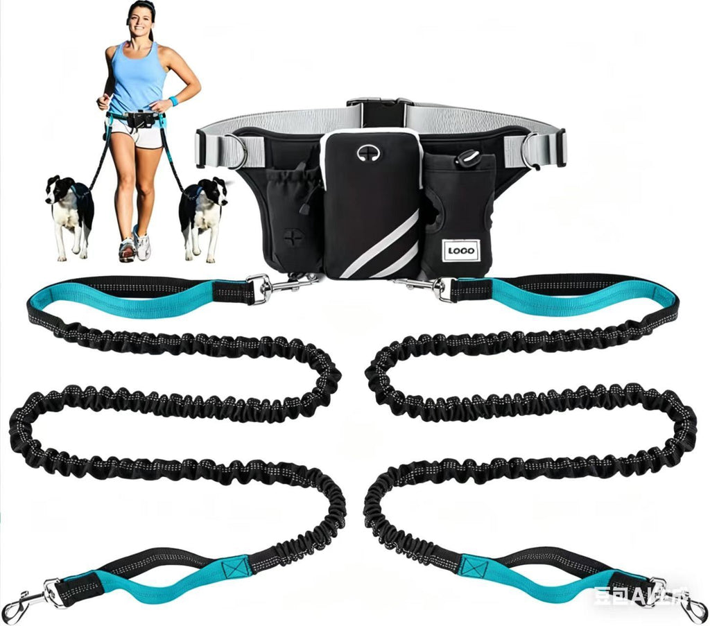 Hands-Free Dual Dog Leash Waist Pack for Running, Walking, and Hiking – Adjustable Oxford Belt with Reflective Strips, Shock-Absorbing Bungee Leashes, 360° Swivel Hooks, and Multi-Pocket Storage for Phone, Water Bottle, and Waste Bags – Perfect for Two Do