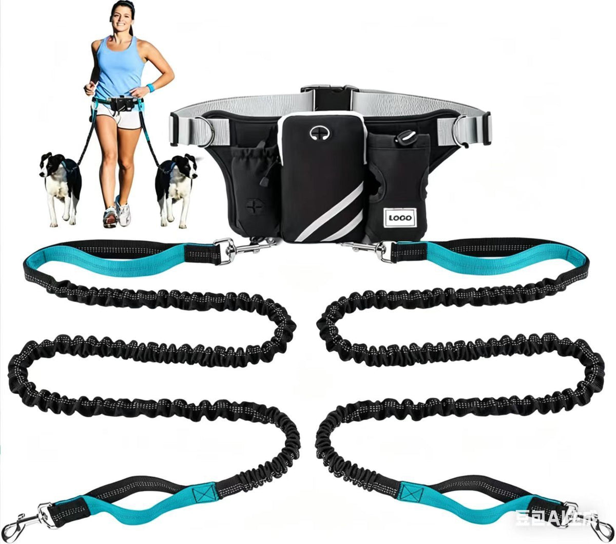 Hands-Free Dual Dog Leash Waist Pack for Running, Walking, and Hiking – Adjustable Oxford Belt with Reflective Strips, Shock-Absorbing Bungee Leashes, 360° Swivel Hooks, and Multi-Pocket Storage for Phone, Water Bottle, and Waste Bags – Perfect for Two Do