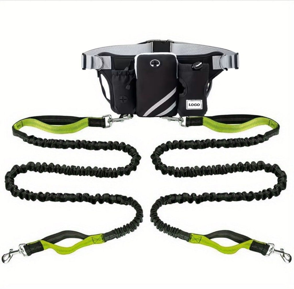 Hands-Free Dual Dog Leash Waist Pack for Running, Walking, and Hiking – Adjustable Oxford Belt with Reflective Strips, Shock-Absorbing Bungee Leashes, 360° Swivel Hooks, and Multi-Pocket Storage for Phone, Water Bottle, and Waste Bags – Perfect for Two Do