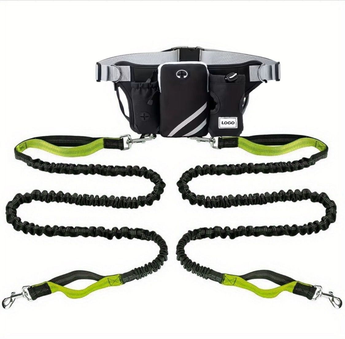 Hands-Free Dual Dog Leash Waist Pack for Running, Walking, and Hiking – Adjustable Oxford Belt with Reflective Strips, Shock-Absorbing Bungee Leashes, 360° Swivel Hooks, and Multi-Pocket Storage for Phone, Water Bottle, and Waste Bags – Perfect for Two Do