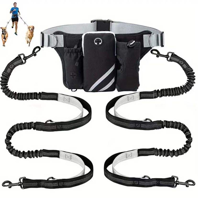 Hands-Free Dual Dog Leash Waist Pack for Running, Walking, and Hiking – Adjustable Oxford Belt with Reflective Strips, Shock-Absorbing Bungee Leashes, 360° Swivel Hooks, and Multi-Pocket Storage for Phone, Water Bottle, and Waste Bags – Perfect for Two Do