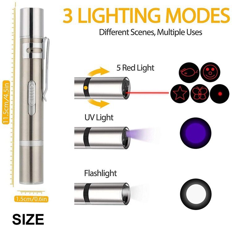 Multi-Function USB Rechargeable Laser Cat Teaser Wand with Stainless Steel Body, Ideal for Interactive Pet Play, Presentations, Currency Verification, Fluorescent Detection, and Emergency Lighting in Home, Office, and Travel Scenarios. (Silver)