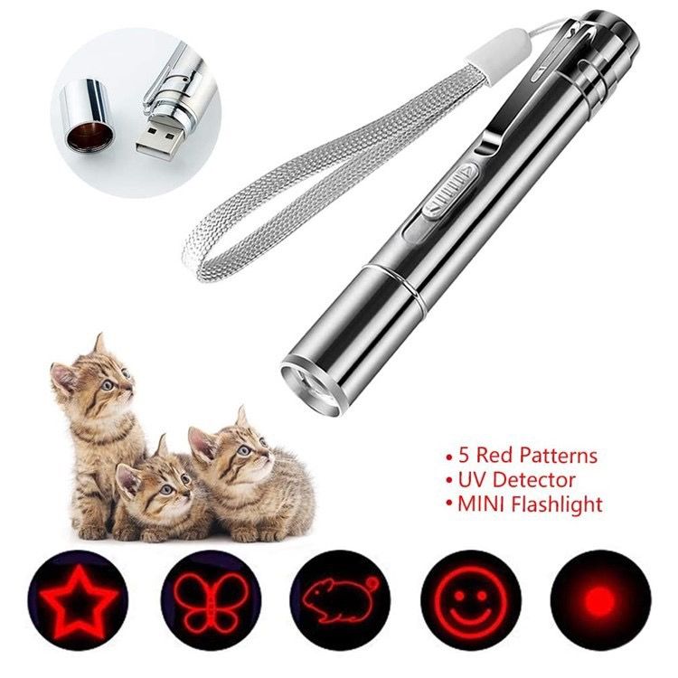 Multi-Function USB Rechargeable Laser Cat Teaser Wand with Stainless Steel Body, Ideal for Interactive Pet Play, Presentations, Currency Verification, Fluorescent Detection, and Emergency Lighting in Home, Office, and Travel Scenarios. (Silver)