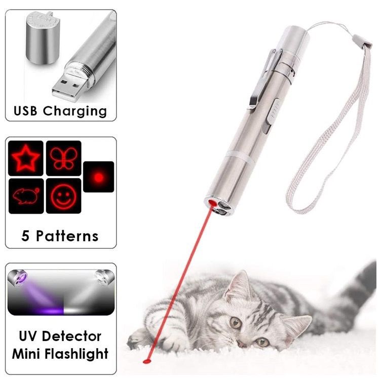 Multi-Function USB Rechargeable Laser Cat Teaser Wand with Stainless Steel Body, Ideal for Interactive Pet Play, Presentations, Currency Verification, Fluorescent Detection, and Emergency Lighting in Home, Office, and Travel Scenarios. (Silver)