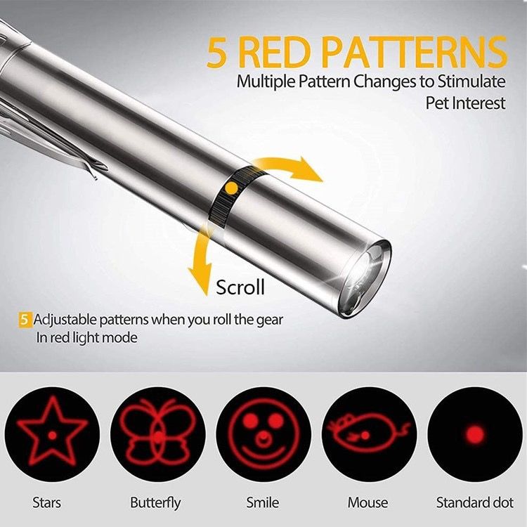Multi-Function USB Rechargeable Laser Cat Teaser Wand with Stainless Steel Body, Ideal for Interactive Pet Play, Presentations, Currency Verification, Fluorescent Detection, and Emergency Lighting in Home, Office, and Travel Scenarios. (Silver)