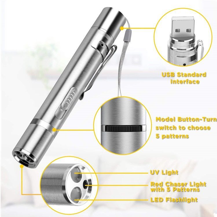 Multi-Function USB Rechargeable Laser Cat Teaser Wand with Stainless Steel Body, Ideal for Interactive Pet Play, Presentations, Currency Verification, Fluorescent Detection, and Emergency Lighting in Home, Office, and Travel Scenarios. (Silver)