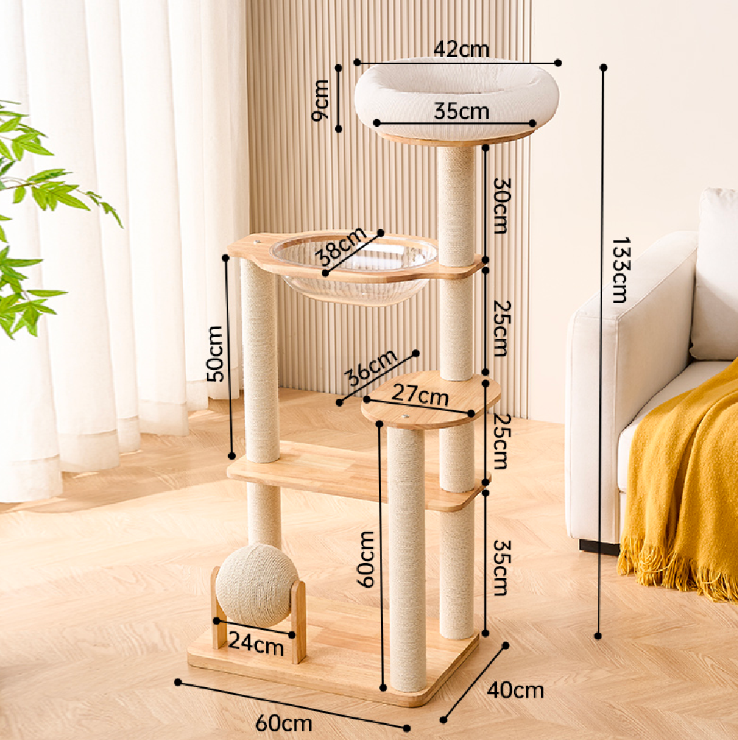 Rubber Wood & Acrylic Cat Tree (Wide)
