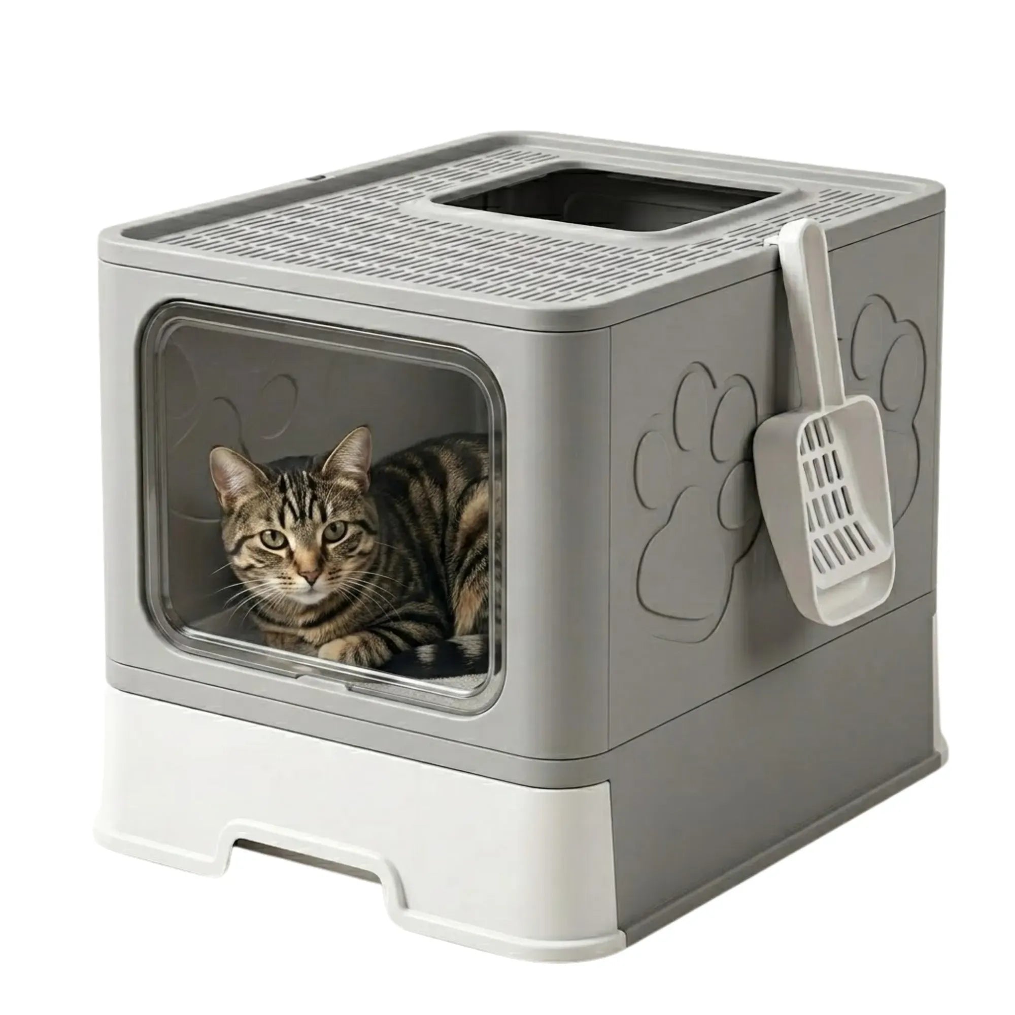 CARLA HOME Foldable Enclosed Cat Litter Box with Scoop - Grey - Plastic - Kitty Litter Tray