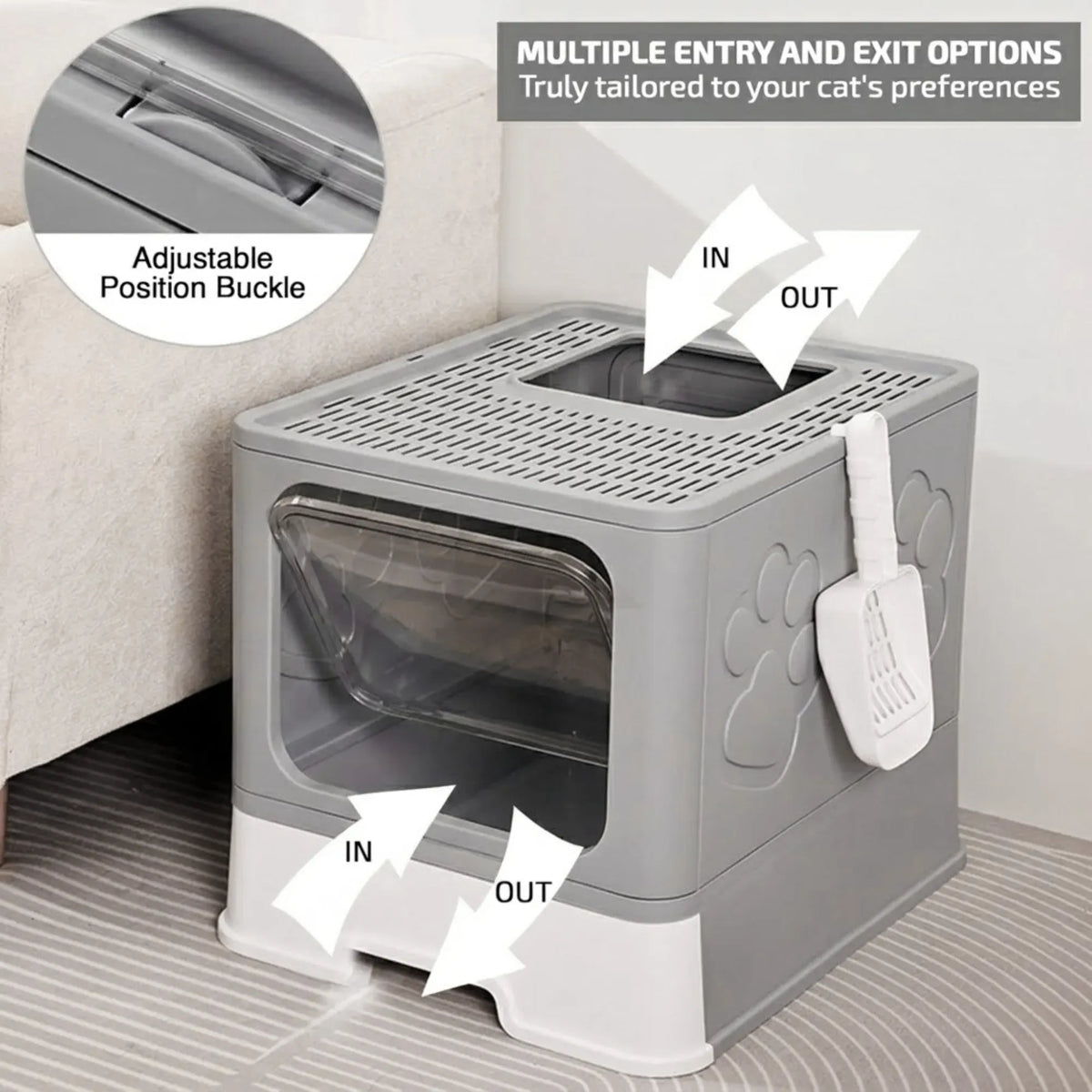 CARLA HOME Foldable Enclosed Cat Litter Box with Scoop - Grey - Plastic - Kitty Litter Tray