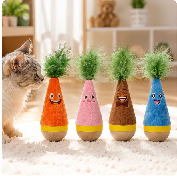 Interactive Feather Wobble Cat Toy - 2 Pink Tumbler Teaser Toys for Cats
