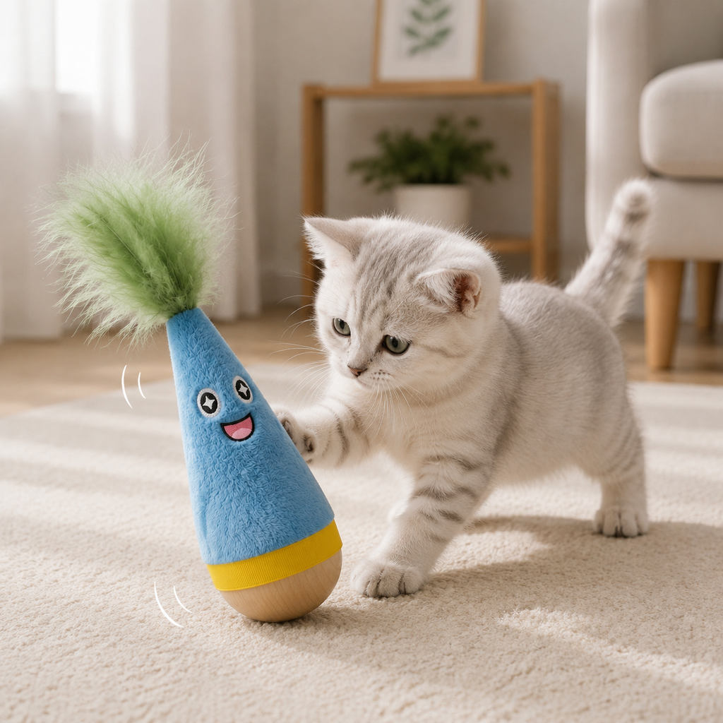 Interactive Feather Wobble Cat Toy - 2 Blue Tumbler Teaser Toys for Cats