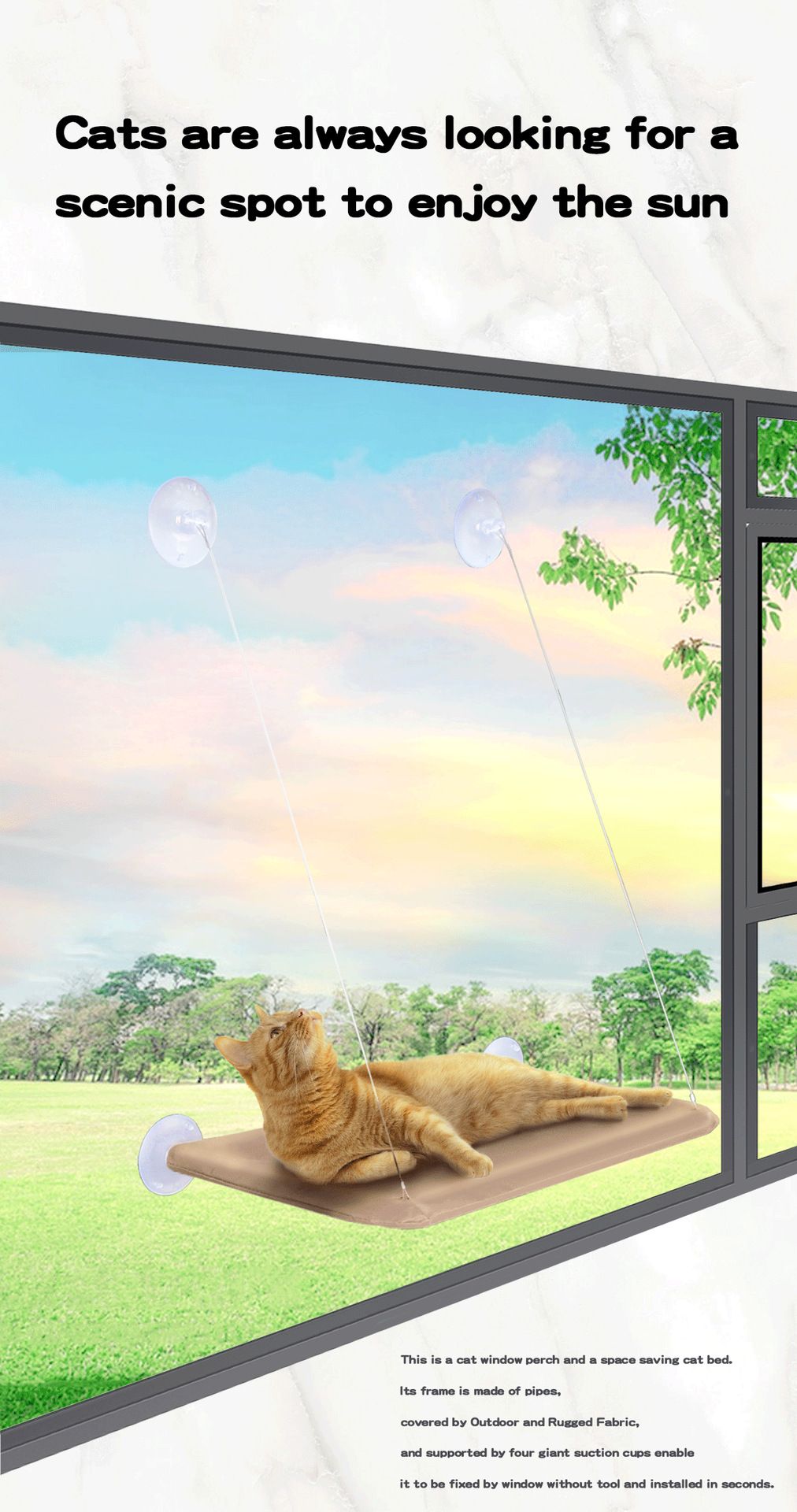 2 Set of Dark Grey Cat Window Tanning Hammock - 4 Strong Suction Cups & Durable Oxford Removable Cover, Space Saving Bed for Indoor Cats Sunbathing