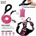 3 Piece Pink No Pull Dog Harness and Leash Set with Poop Bag Holder (XL Size) - Adjustable Escape Proof Reflective Vest for Small Medium Large Dogs