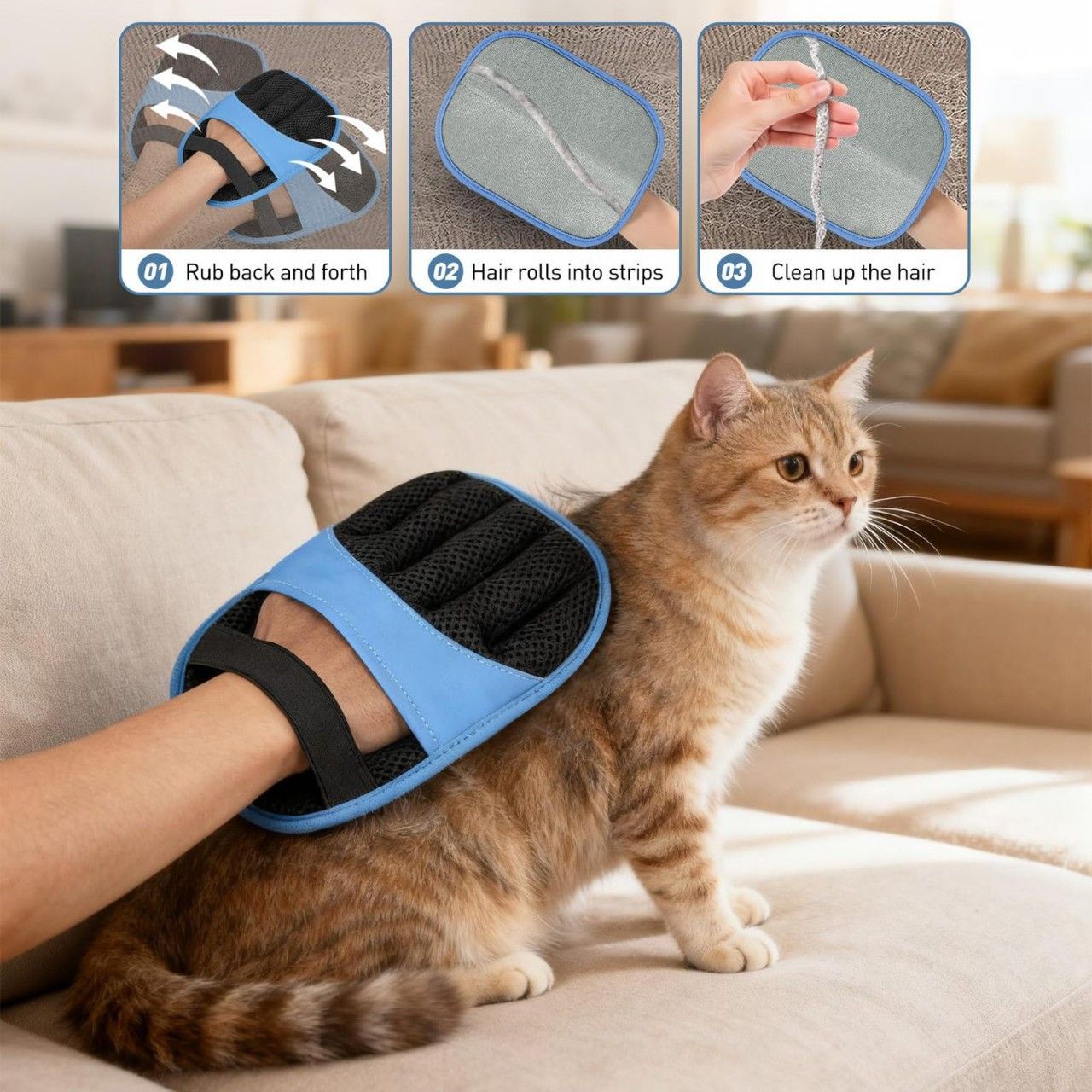 Blue Pet Hair Removal Gloves with Ergonomic 5 Finger Contour Grip (2 Pairs) - Static Attraction Reusable Grooming & Furniture Cleaning Mitts