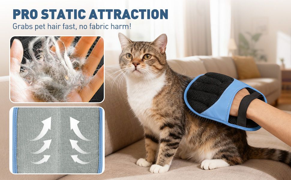 Blue Pet Hair Removal Gloves with Ergonomic 5 Finger Contour Grip (2 Pairs) - Static Attraction Reusable Grooming & Furniture Cleaning Mitts