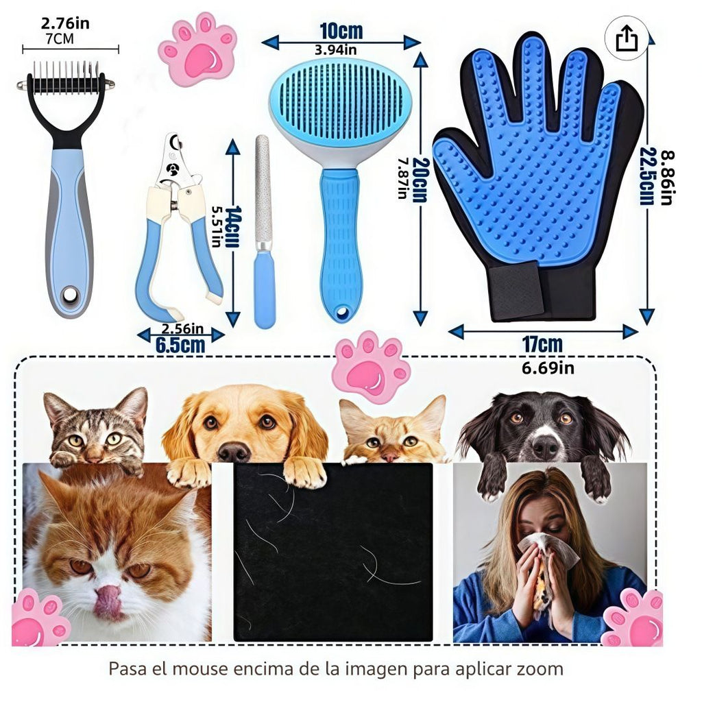 5PCS Blue Pet Grooming & Nail Care Tool Set - Stainless Steel Dematting Rake Comb, Self-Cleaning Slicker Brush, Grooming Glove, Nail Clipper and File for Dog Cat