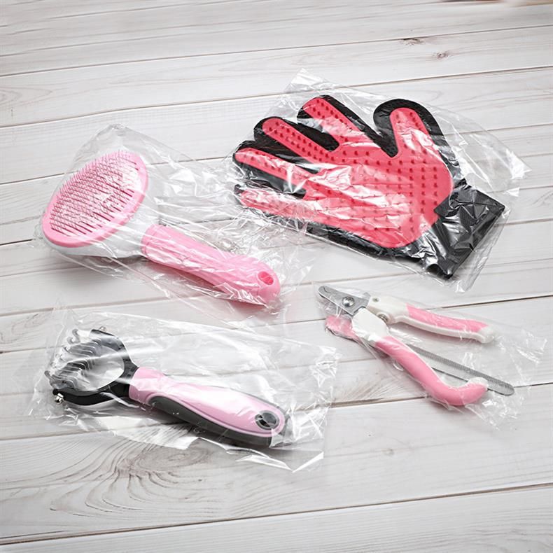 5PCS Blue Pet Grooming & Nail Care Tool Set - Stainless Steel Dematting Rake Comb, Self-Cleaning Slicker Brush, Grooming Glove, Nail Clipper and File for Dog Cat