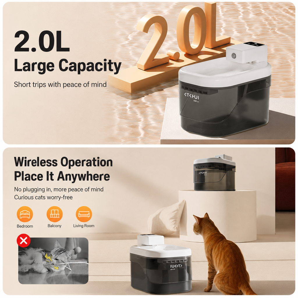 Pure White Smart Motion Sensor Wireless Pet Water Fountain - 2L Cordless Quiet Automatic Water Dispenser with Quadruple Filtration for Cats and Dogs