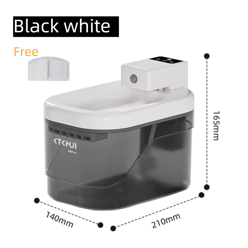 Transparent Black and White Smart Motion Sensor Wireless Pet Water Fountain - 2L Cordless Quiet Automatic Water Dispenser with Quadruple Filtration for Cats and Dogs