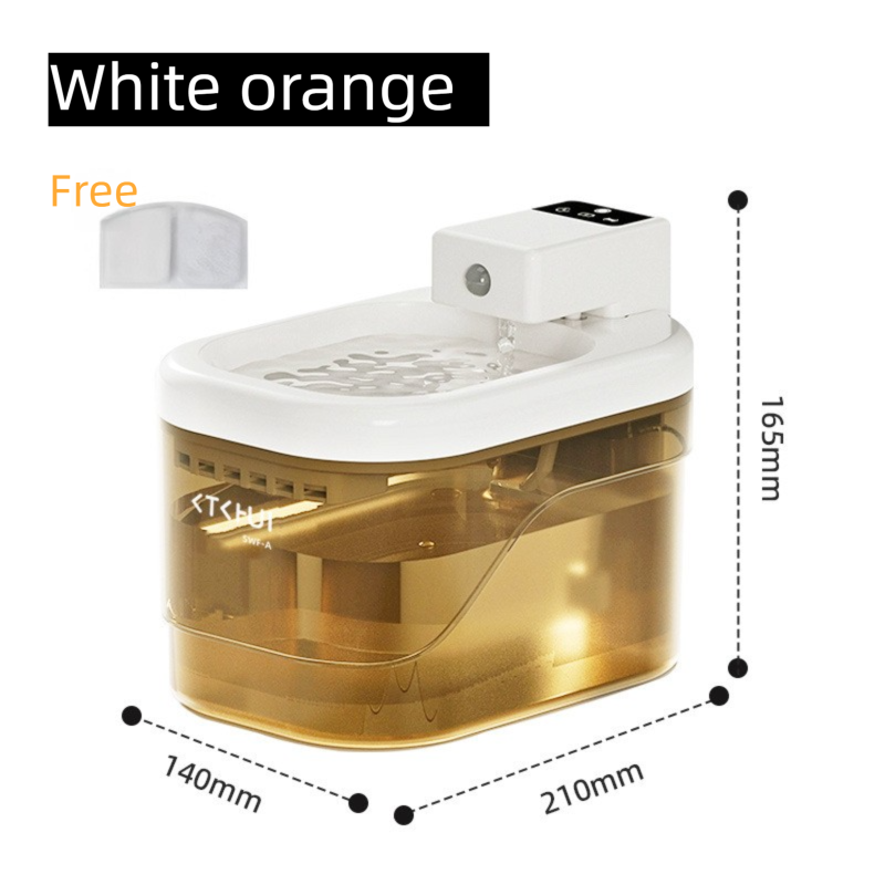 Transparent Orange and White Smart Motion Sensor Wireless Pet Water Fountain - 2L Cordless Quiet Automatic Water Dispenser with Quadruple Filtration for Cats and Dogs