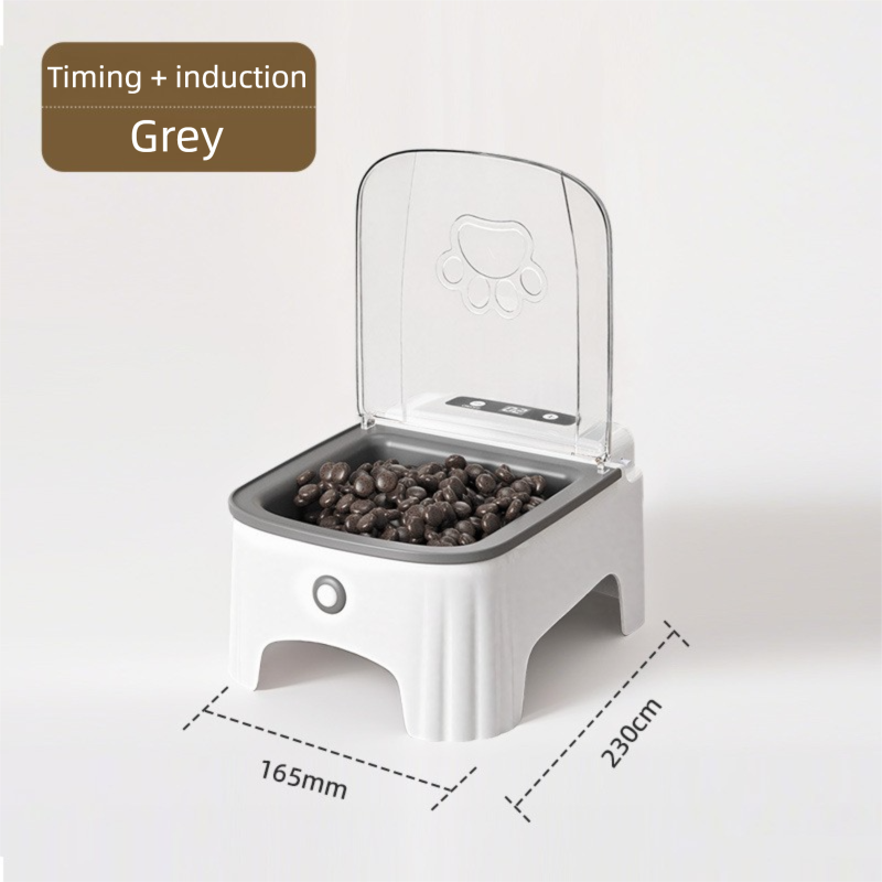 Grey and White Smart Infrared Motion Sensor Automatic Pet Feeder - 700ml Timed Auto Open Lid Food Bowl with LCD Screen & Rechargable Battery for Cats and Dogs