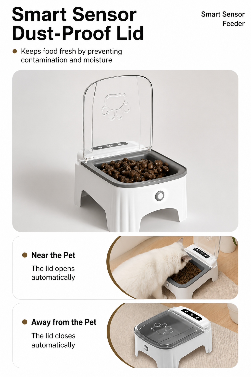 Grey and White Smart Infrared Motion Sensor Automatic Pet Feeder - 700ml Timed Auto Open Lid Food Bowl with LCD Screen & Rechargable Battery for Cats and Dogs