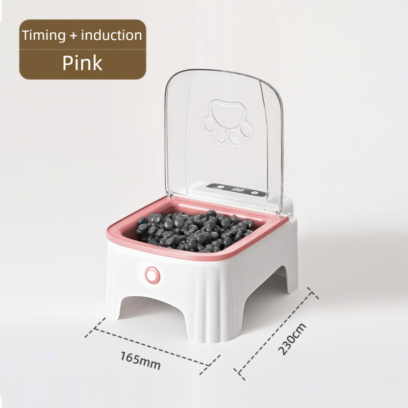 Pink and White Smart Infrared Motion Sensor Automatic Pet Feeder - 700ml Timed Auto Open Lid Food Bowl with LCD Screen & Rechargable Battery for Cats and Dogs