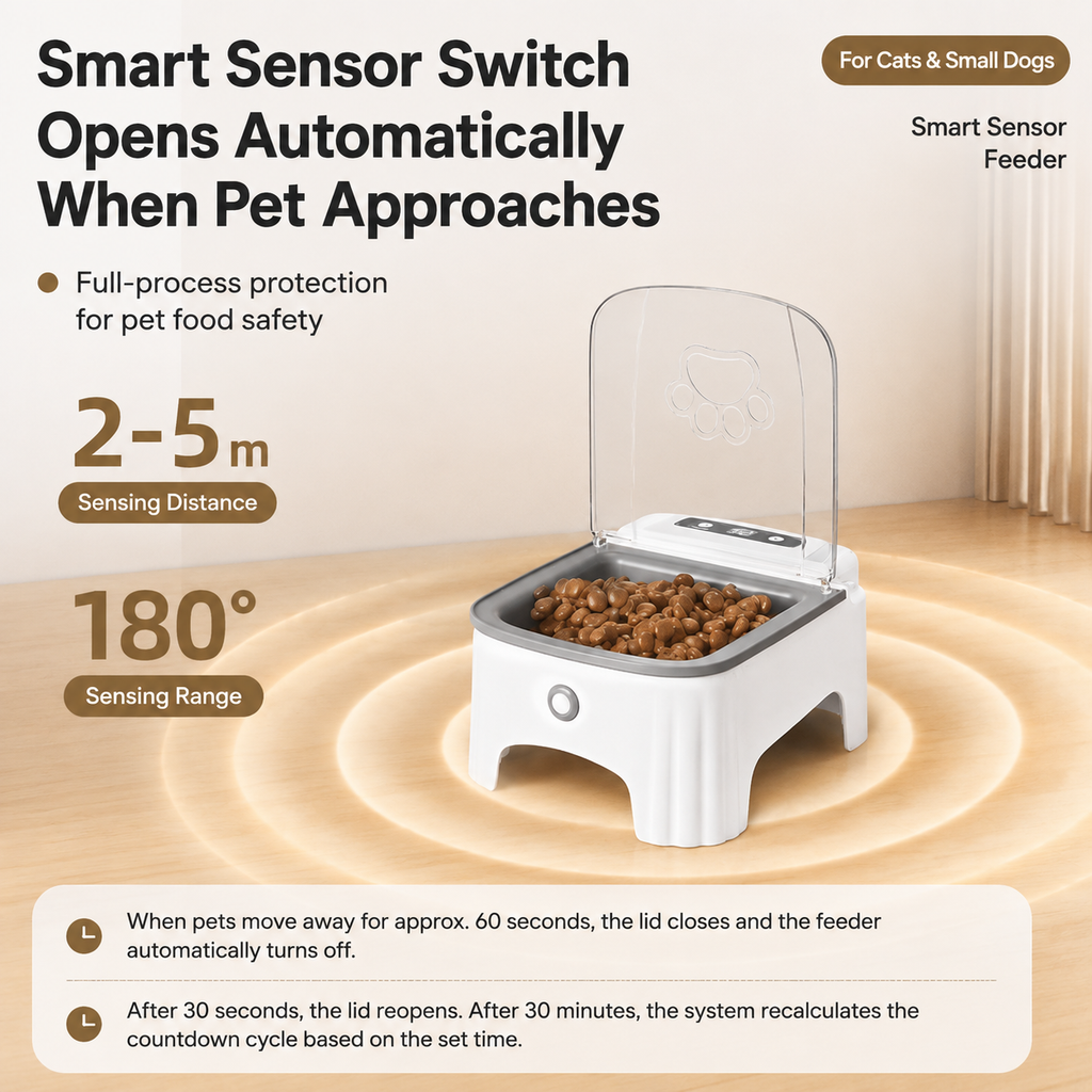 Pink and White Smart Infrared Motion Sensor Automatic Pet Feeder - 700ml Timed Auto Open Lid Food Bowl with LCD Screen & Rechargable Battery for Cats and Dogs