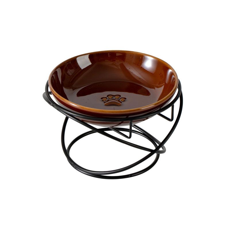 Raised Ceramic Pet Bowl with  Metal Stand Brown - Paw Print Cat and Dog Feeding Bowl, Removable Easy-Clean Dish with Elevated Design for Food and Water