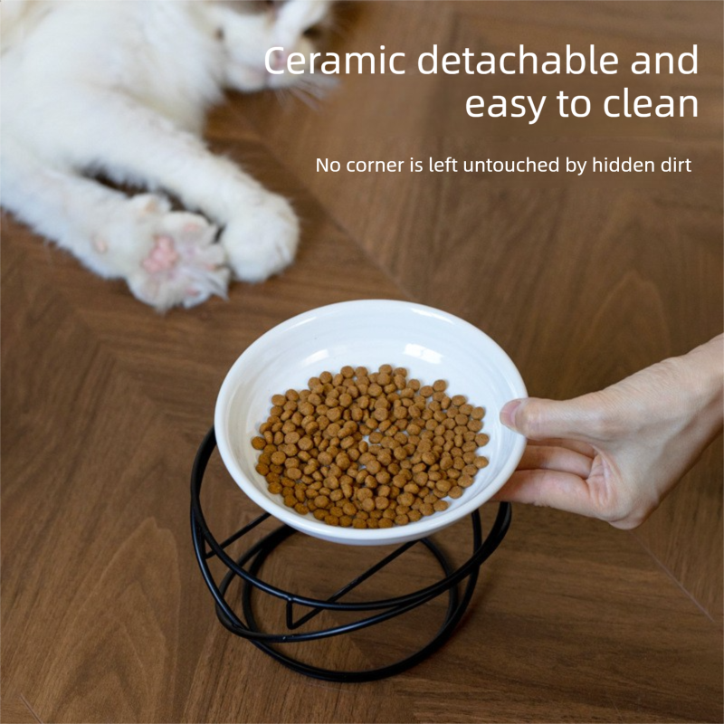 Raised Ceramic Pet Bowl with  Metal Stand Brown - Paw Print Cat and Dog Feeding Bowl, Removable Easy-Clean Dish with Elevated Design for Food and Water