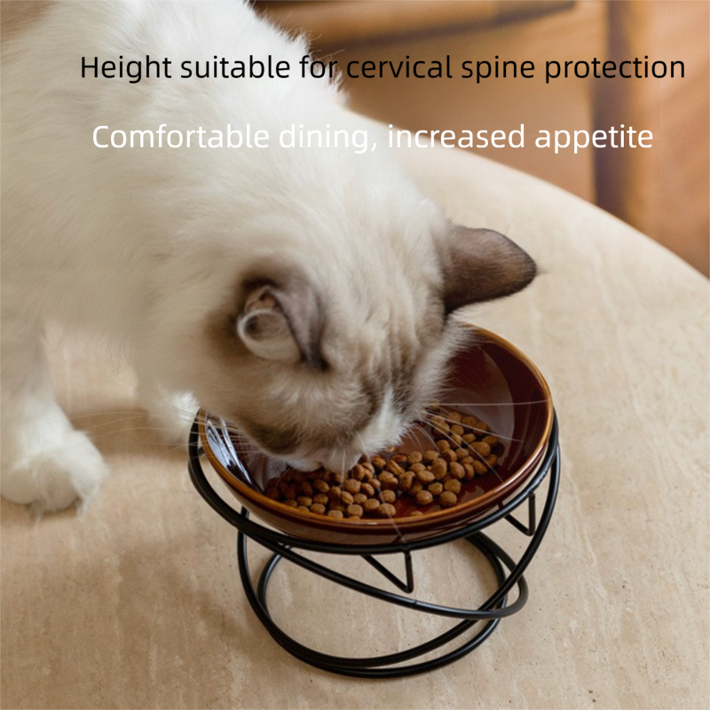 Raised Ceramic Pet Bowl with  Metal Stand Brown - Paw Print Cat and Dog Feeding Bowl, Removable Easy-Clean Dish with Elevated Design for Food and Water