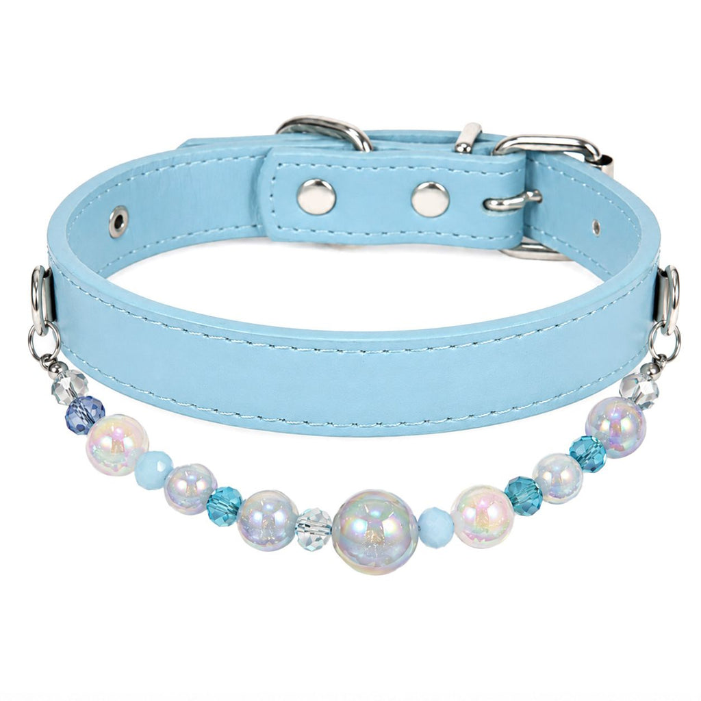 Detachable Beaded Dog Collar - Sky Blue Microfiber PU Leather, Zinc Alloy Hardware, Adjustable M Size 26-34cm Neck, Decorative Pet Collar for Dogs